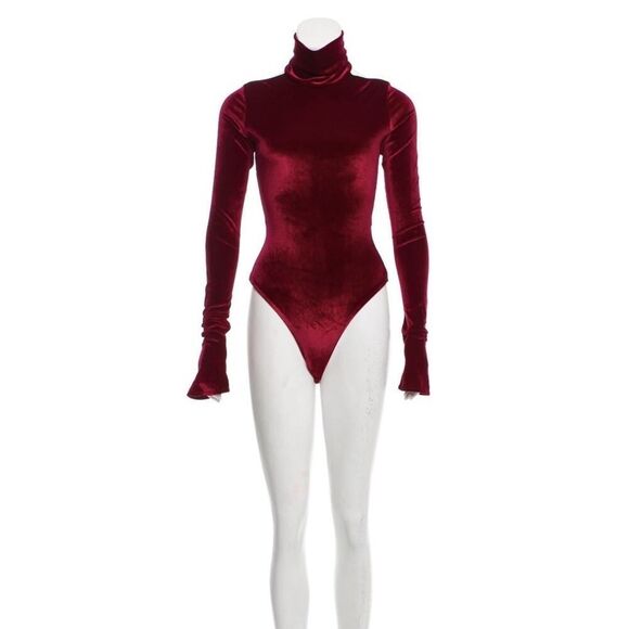 ALIX York Stretch-Velvet Turtleneck Burgundy Open Back Bodysuit Size Small - Picture 8 of 13
